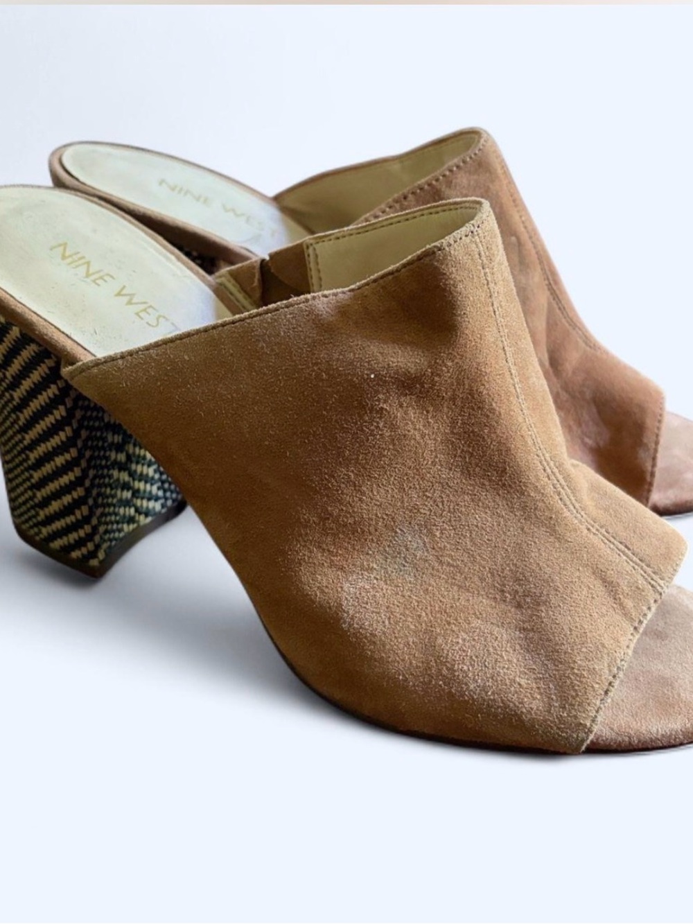 Nine West Brown Suede Open-Toe Mule with Patterned Block Heel